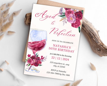 50th Birthday Invitation: Wine Theme Burgundy Floral (Digital Download 5x7in Canva Template)