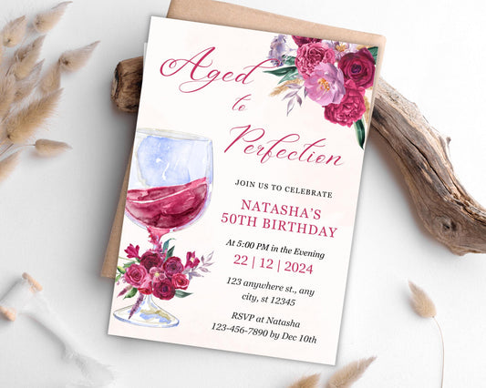 50th Birthday Invitation: Wine Theme Burgundy Floral (Digital Download 5x7in Canva Template)