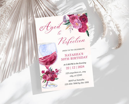 50th Birthday Invitation: Wine Theme Burgundy Floral (Digital Download 5x7in Canva Template)
