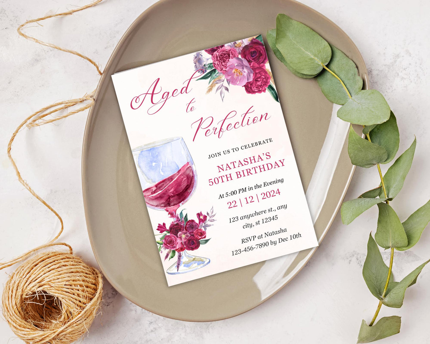 50th Birthday Invitation: Wine Theme Burgundy Floral (Digital Download 5x7in Canva Template)