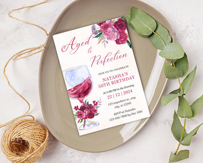 50th Birthday Invitation: Wine Theme Burgundy Floral (Digital Download 5x7in Canva Template)