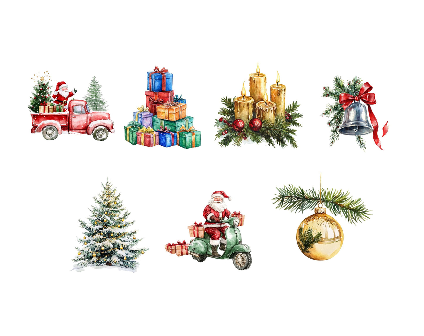Christmas Elements Clipart Bundle png, Watercolor Christmas Element Clipart, Christmas png, Christmas Ornament Clipart, Christmas Tree png