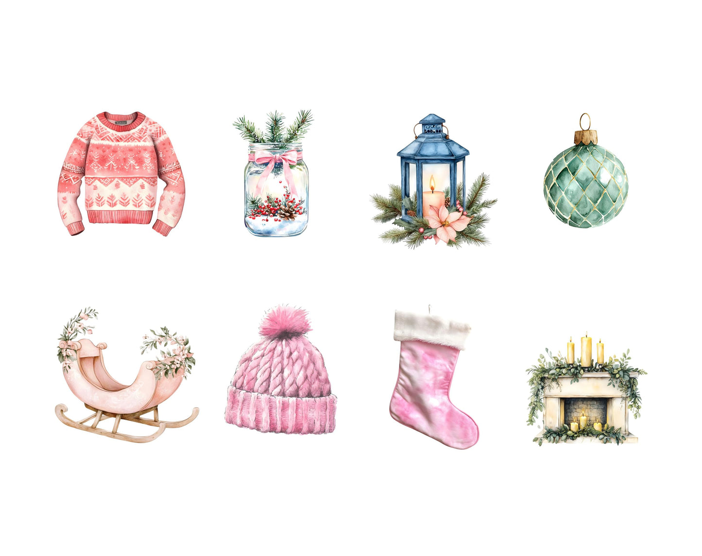 Christmas Elements Clipart Set png, Watercolor Christmas Element Clipart, Christmas png, Christmas Ornament Clipart, Christmas Tree png