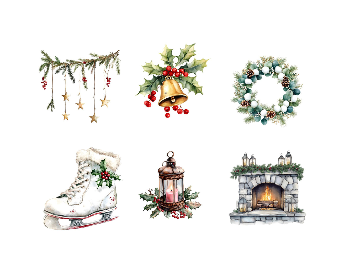 Christmas Elements Clipart Set png, Watercolor Christmas Element Clipart, Christmas png, Christmas Ornament Clipart, Christmas Tree png