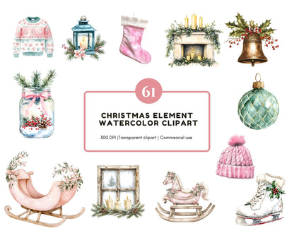 Christmas Elements Clipart Set png, Watercolor Christmas Element Clipart, Christmas png, Christmas Ornament Clipart, Christmas Tree png