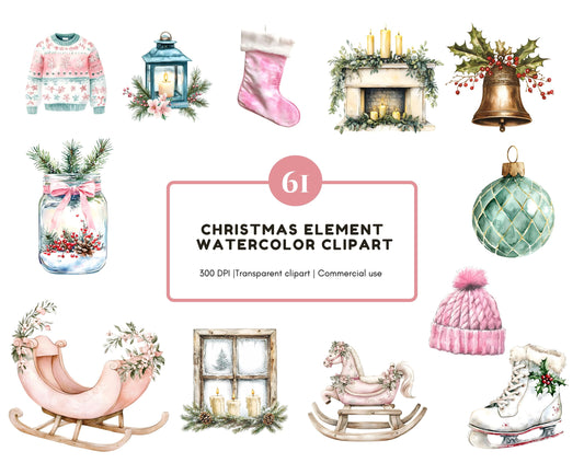 Christmas Elements Clipart Set png, Watercolor Christmas Element Clipart, Christmas png, Christmas Ornament Clipart, Christmas Tree png