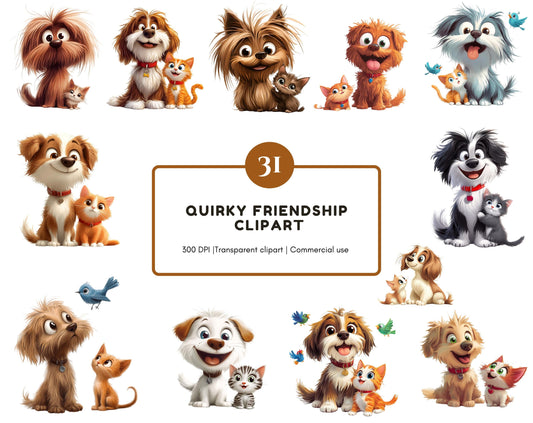 Quirky Friendship Clipart Bundle, Dog And Cat Friendship Clipart, Funny Animal Clipart, Funny Dog Clipart png, Funny Cat Clipart png Bundle