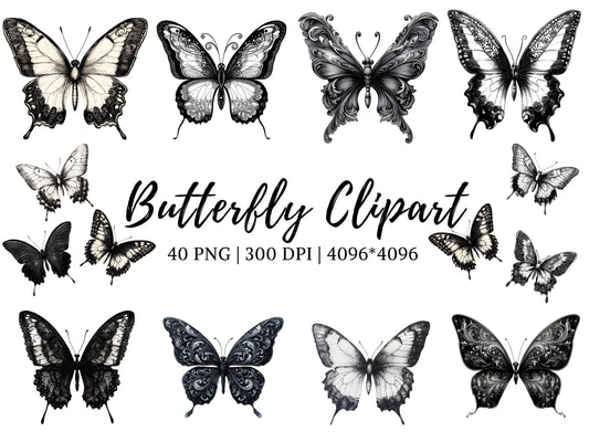 Watercolor Black Butterfly Clipart png Bundle, Butterflies Clipart png, Black And White Butterfly Clipart, Nursery Decor, Baby Shower
