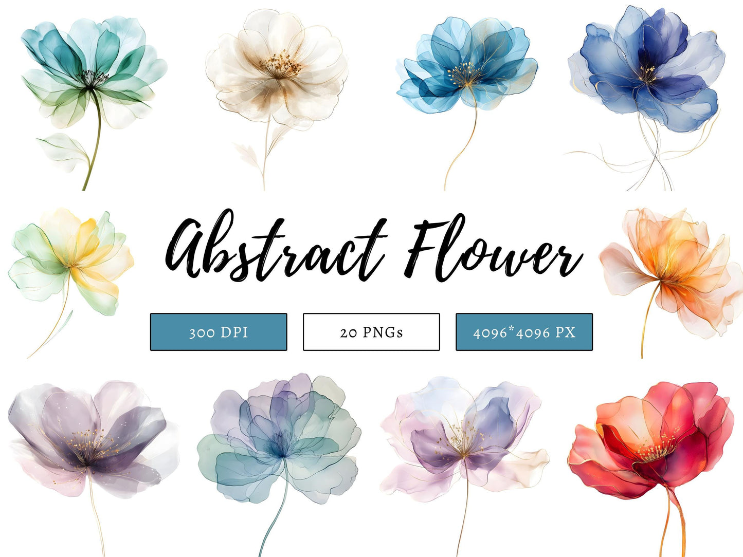 Abstraktes Blumen-Clipart-Bundle, Aquarell-Blumen-Clipart, Blumen-PNG, Trockenblumen-PNG, Transparentes Blumen-Set, Sofort-Download
