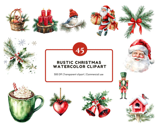Rustic Red Christmas Clipart Bundle png, Red Green Christmas Winter Clipart, Watercolor Christmas Winter Clipart png, Christmas Clipart png