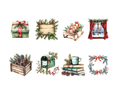 Rustic Red Christmas Clipart Bundle png, Red Green Christmas Winter Clipart, Watercolor Christmas Winter Clipart png, Christmas Clipart png