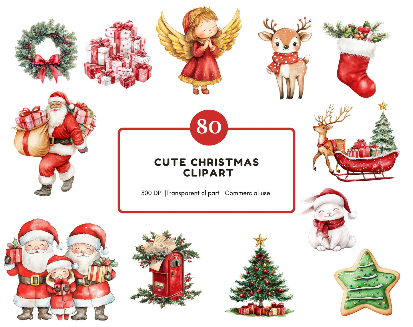Watercolor Cute Christmas Clipart, Cute Christmas Animal Clipart, Cute Santa Clipart, Cute Christmas Characters, Santa Village Clipart png