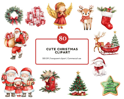 Watercolor Cute Christmas Clipart, Cute Christmas Animal Clipart, Cute Santa Clipart, Cute Christmas Characters, Santa Village Clipart png