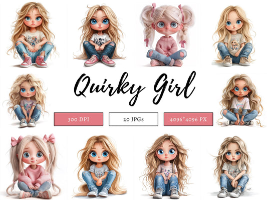 Funny Girl Clipart Bundle png, Watercolor Funny Girl Clipart, Quirky Girl Clipart, Funny Girl png, Girl png, Curly Hair Girl Clipart