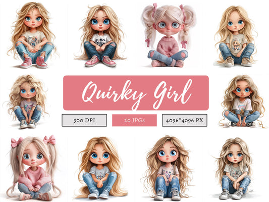 Funny Girl Clipart Bundle png, Watercolor Funny Girl Clipart, Quirky Girl Clipart, Funny Girl png, Girl png, Curly Hair Girl Clipart