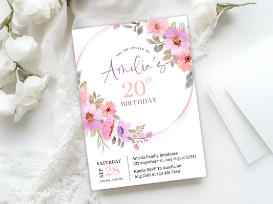 Einladungsvorlage zum 20. Geburtstag mit floralem Muster, rosa Blumen (Sofort-Download)