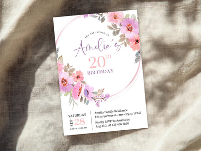 Floral 20th Birthday Invitation Template, Pink Flowers (Instant Download)