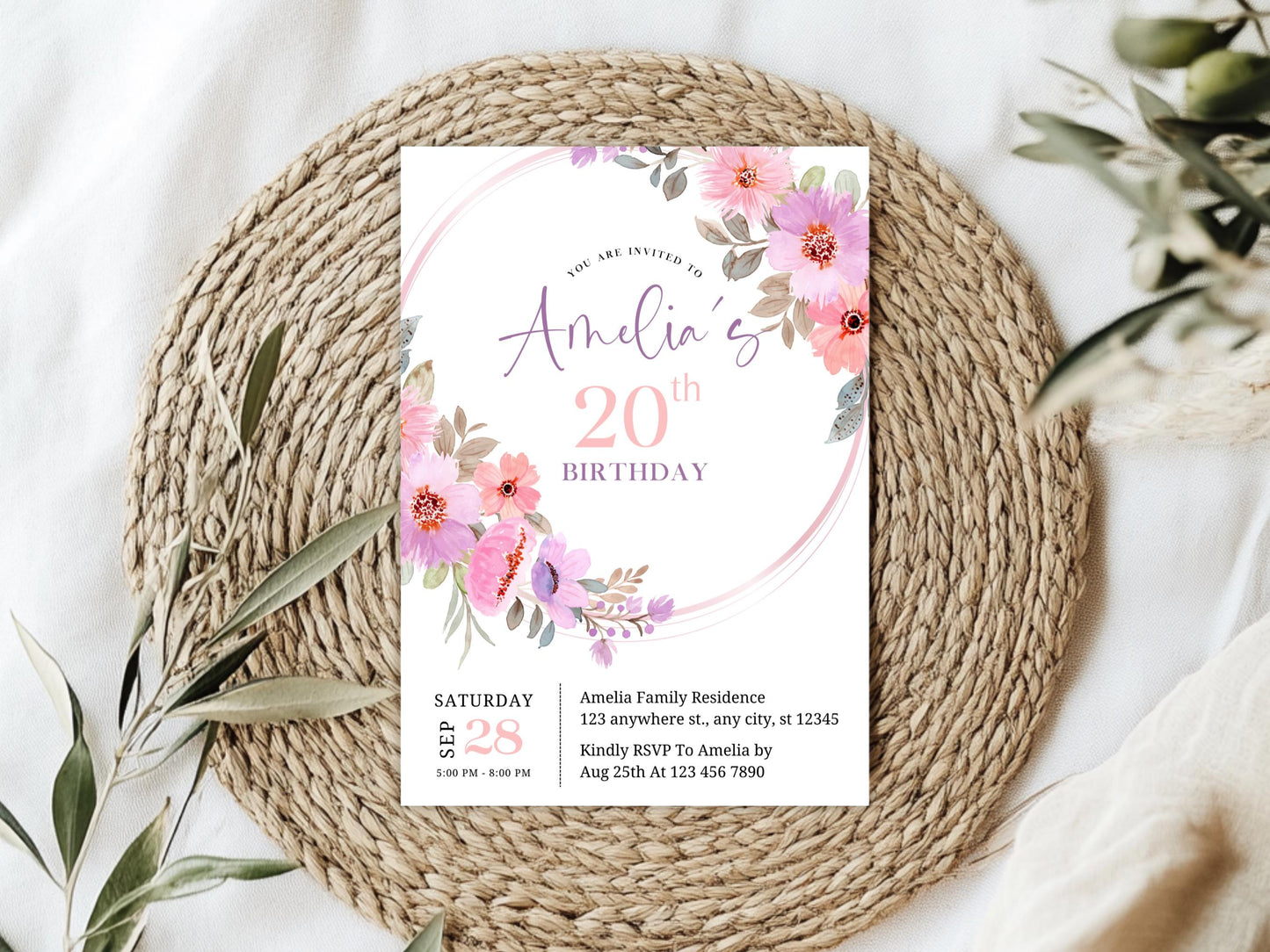 Floral 20th Birthday Invitation Template, Pink Flowers (Instant Download)