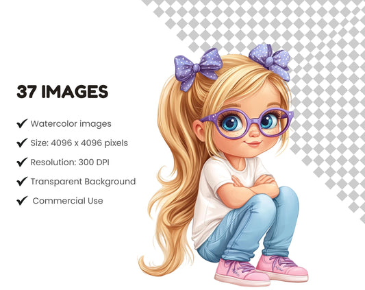 Watercolor Cute Little Girl Clipart png, Cute Girl Clipart Set, Quirky Cute Little Girl Clipart, Quirky Girl Clipart png, Big Eyes Girl png
