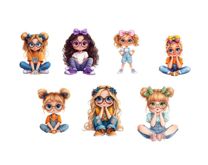 Watercolor Cute Little Girl Clipart png, Cute Girl Clipart Set, Quirky Cute Little Girl Clipart, Quirky Girl Clipart png, Big Eyes Girl png