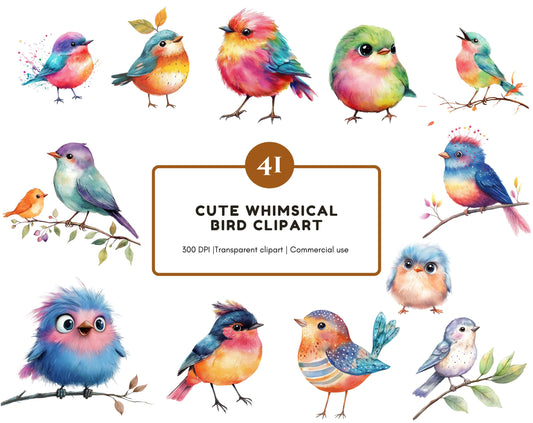 Watercolor Whimsical Birds Clipart png Bundle, Cute Birds Clipart, Little Birds Clipart, Whimsy Birds Clipart png, Funny Cute Birds Clipart