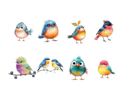 Watercolor Whimsical Birds Clipart png Bundle, Cute Birds Clipart, Little Birds Clipart, Whimsy Birds Clipart png, Funny Cute Birds Clipart