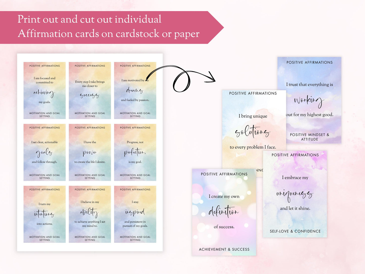 Positive Affirmation Cards, Printable Planner, Self-Love (PDF)