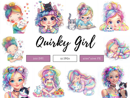 Girl With Kitten Clipart, Quirky Girl Clipart, Girl With Cat Clipart, Quirky Girl png, Whimsical Girl Clipart, Curli Hair Girl Clipart png