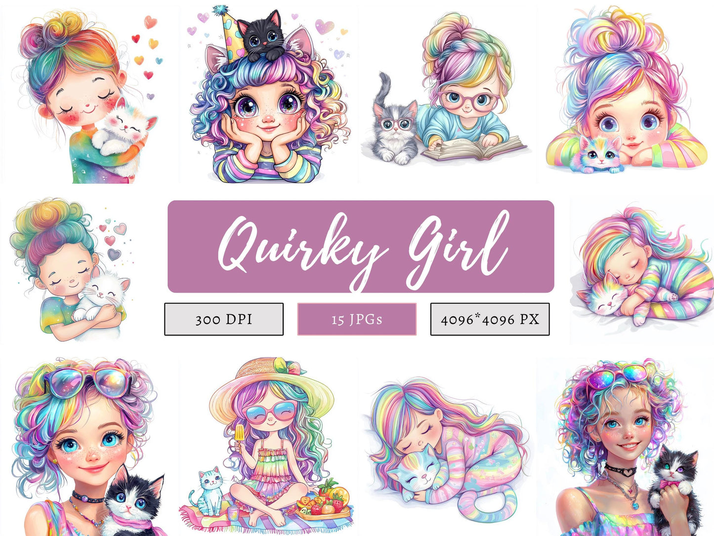 Girl With Kitten Clipart, Quirky Girl Clipart, Girl With Cat Clipart, Quirky Girl png, Whimsical Girl Clipart, Curli Hair Girl Clipart png