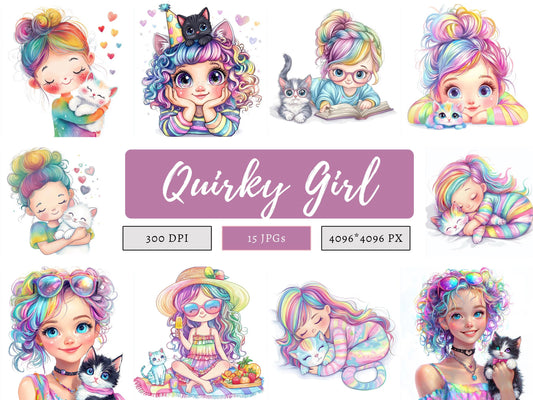 Girl With Kitten Clipart, Quirky Girl Clipart, Girl With Cat Clipart, Quirky Girl png, Whimsical Girl Clipart, Curli Hair Girl Clipart png