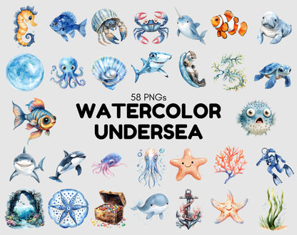 Watercolor Undersea Animal Clipart Bundle, Nursery Decor (PNG)
