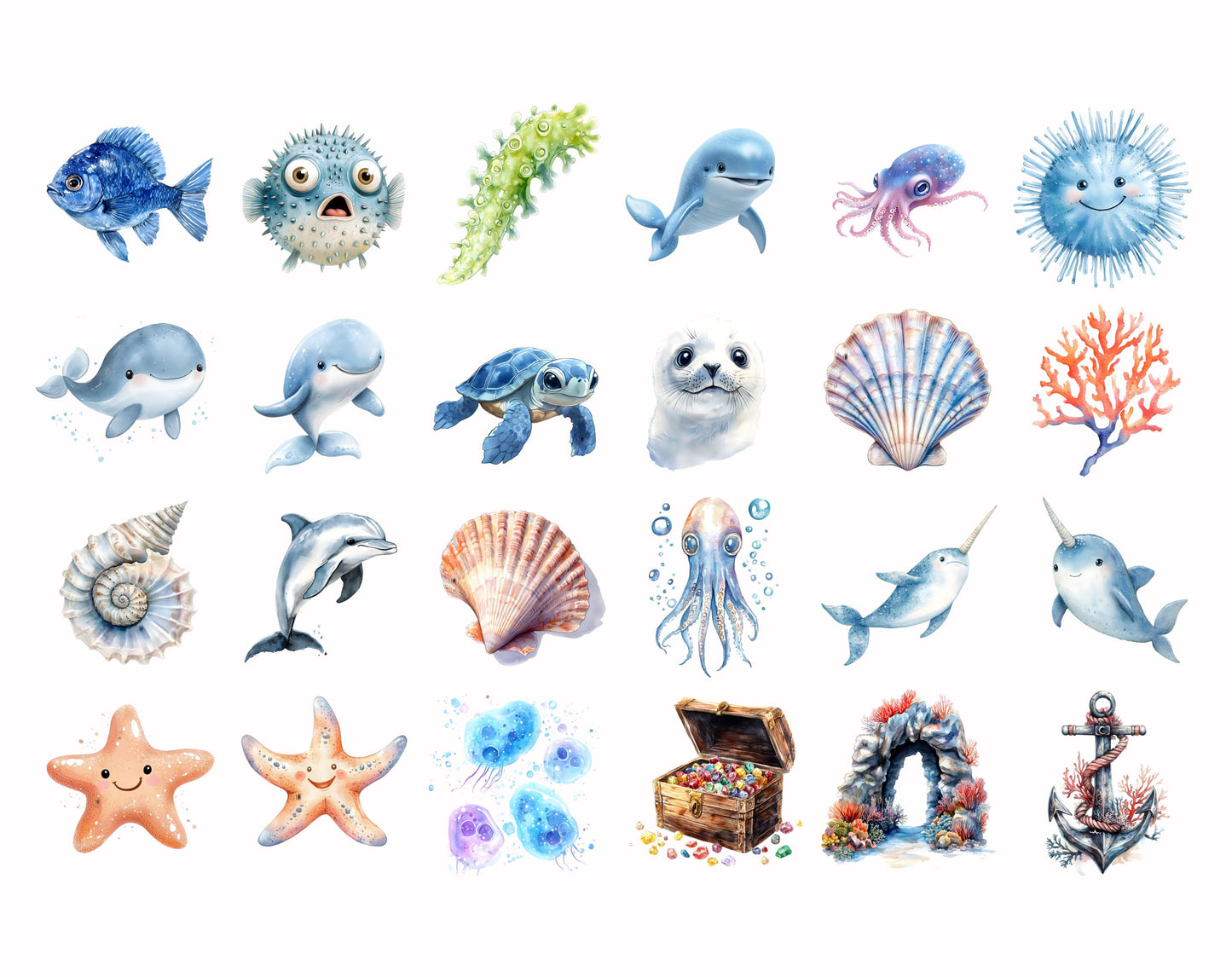 Watercolor Undersea Animal Clipart Bundle, Nursery Decor (PNG)