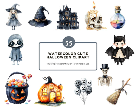 Watercolor Cute Halloween Clipart Bundle, Halloween Clipart png, Witch Clipart, Pumpkin Clipart, Black Cat Clipart, Halloween Decoration png