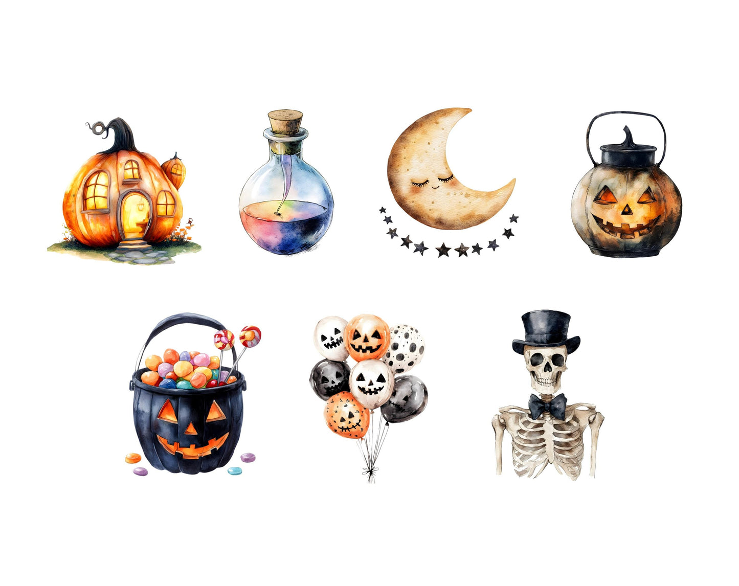 Watercolor Cute Halloween Clipart Bundle, Halloween Clipart png, Witch Clipart, Pumpkin Clipart, Black Cat Clipart, Halloween Decoration png