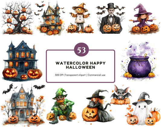 53 Happy Halloween Collection Clipart, Watercolor Happy Halloween Clipart Bundle png, Halloween Cat Clipart, Spooky Halloween Clipart png