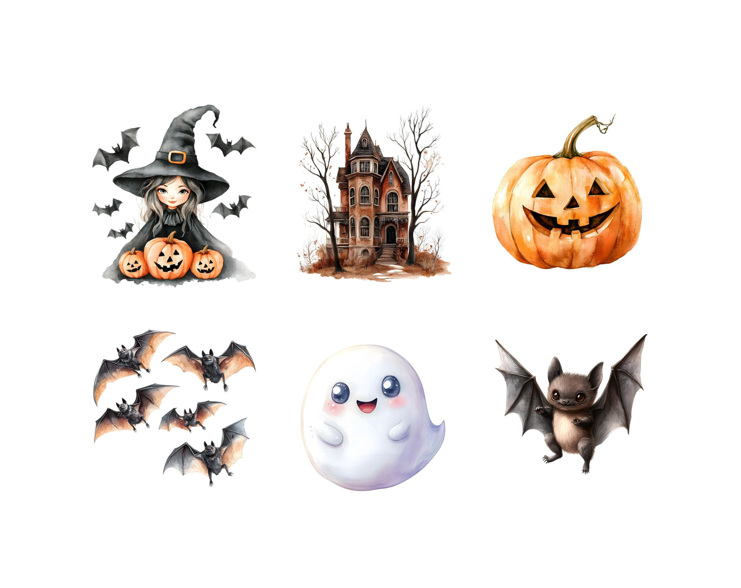 Watercolor Cute Halloween CLipart Bundle png, Cute Halloween Clipart, Halloween Clipart png, Spooky png, Ghost Clipart, Haunted House png