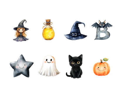 Watercolor Cute Halloween CLipart Bundle png, Cute Halloween Clipart, Halloween Clipart png, Spooky png, Ghost Clipart, Haunted House png