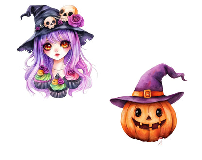Kawaii Halloween Clipart, Watercolor Halloween Clipart, Cute Halloween Clipart, Halloween Decor Clipart, Halloween png, Halloween Graphics