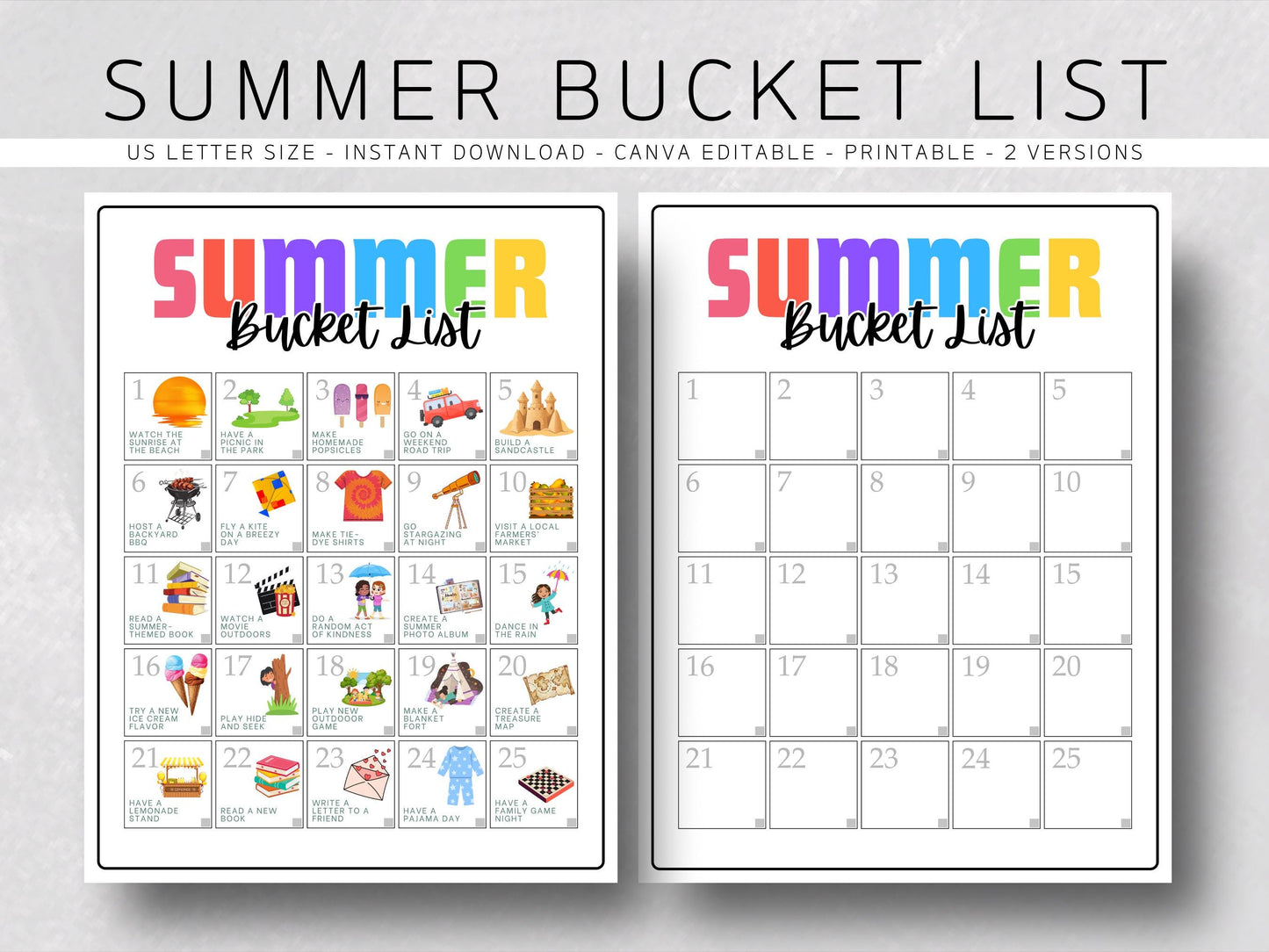 Summer Bucket List Printable: Fun Family Activities (Canva Template, US Letter Size)