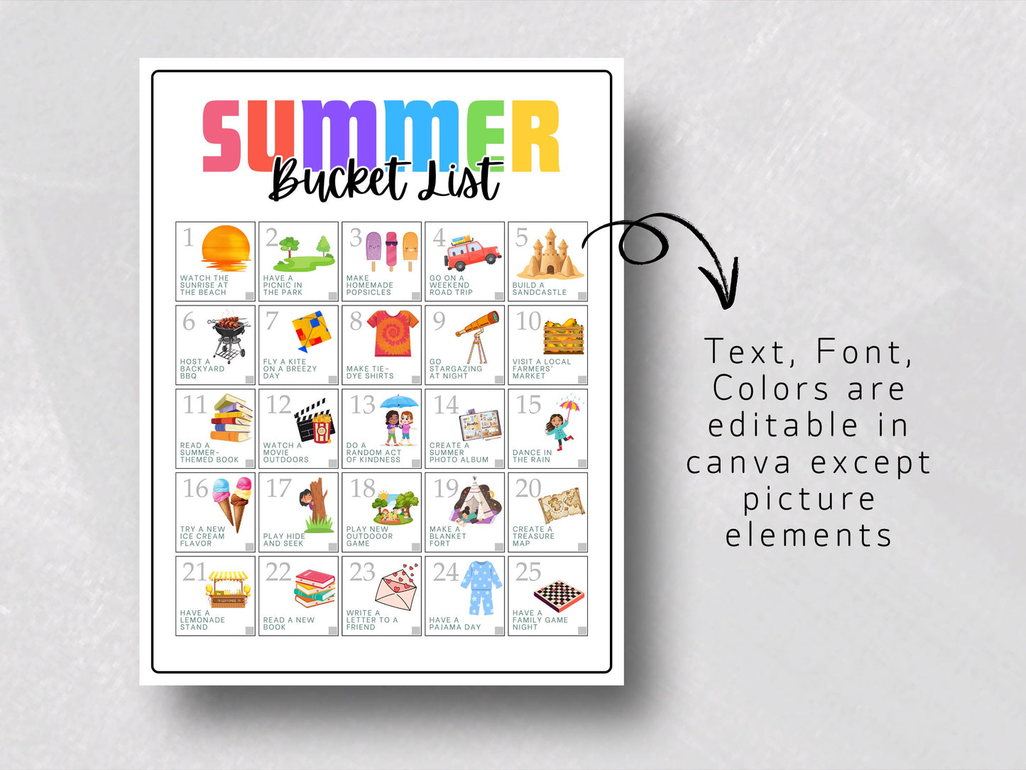 Summer Bucket List Printable: Fun Family Activities (Canva Template, US Letter Size)