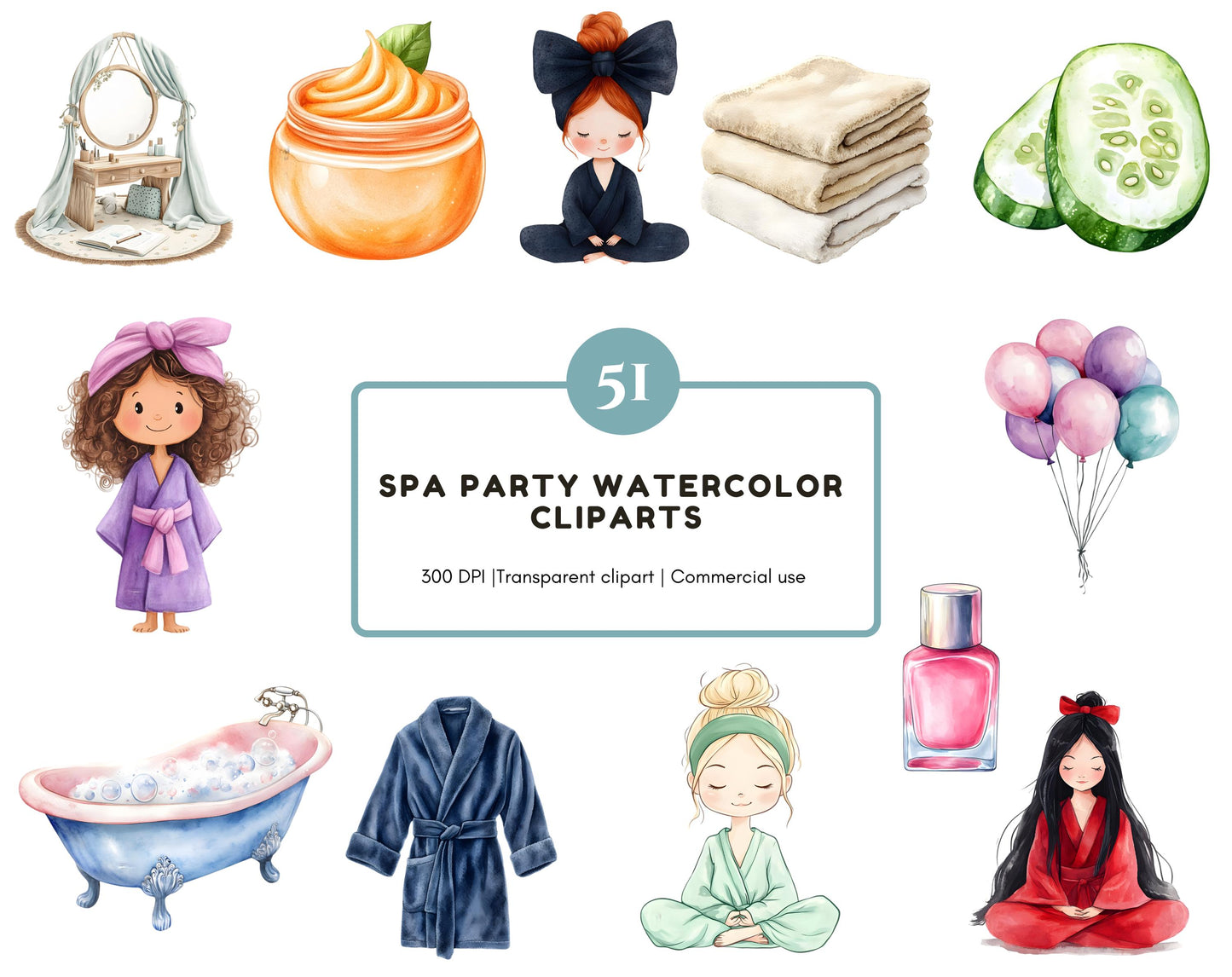 Watercolor Spa Party Clipart, Spa Party Clipart png Bundle, 51 Spa Party Clipart, Glam Girl Clipart, Spa Girl Clipart, Bath And Spa Clipart