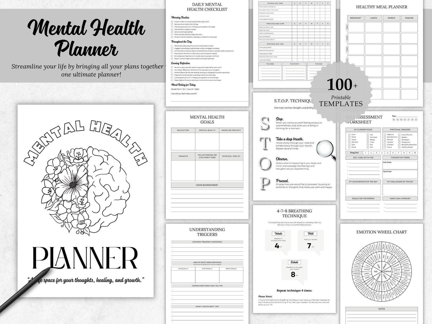 Mental Health Planner Bundle, Self-Care Workbook (Printable)
