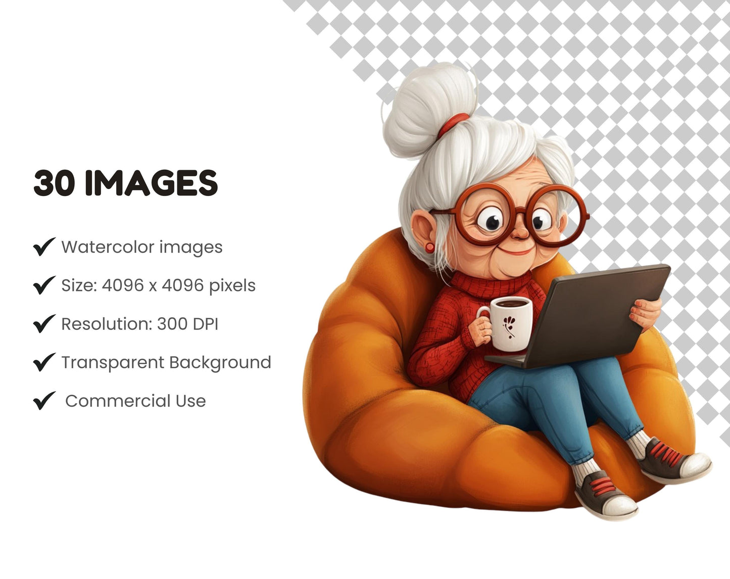 Funny Old Lady Clipart Bundle png, Watercolor Granny Clipart, Modern Granny Clipart, Funny Grandma Clipart, Funny Granny Clipart png