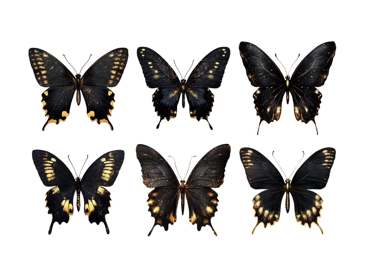 Schmetterlings-Cliparts in Schwarz und Gold, Schmetterlings-Clipart-Bundle (PNG), Aquarell-Schmetterlings-Cliparts, goldene, funkelnde Schmetterlings-Cliparts