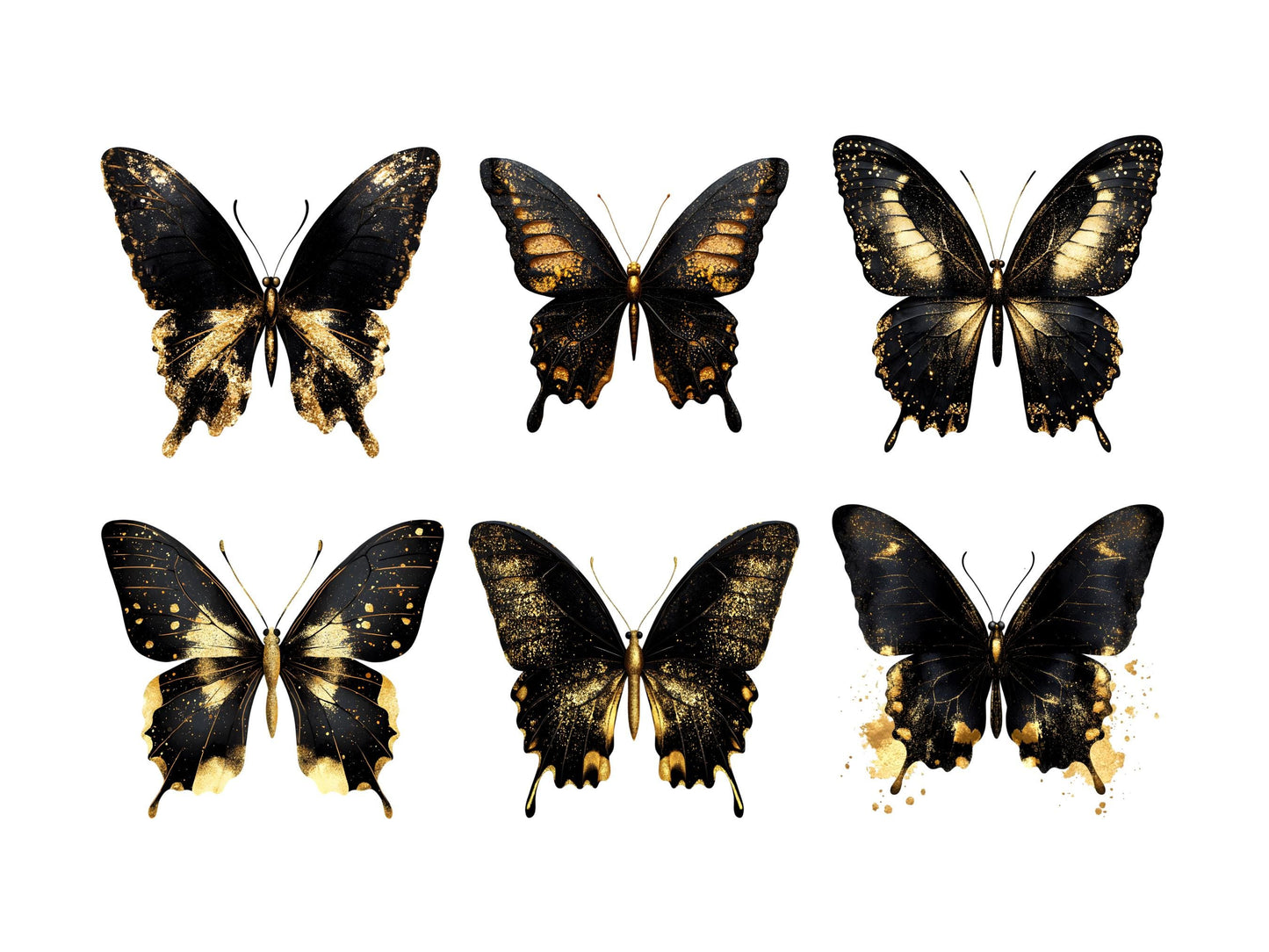 Schmetterlings-Cliparts in Schwarz und Gold, Schmetterlings-Clipart-Bundle (PNG), Aquarell-Schmetterlings-Cliparts, goldene, funkelnde Schmetterlings-Cliparts