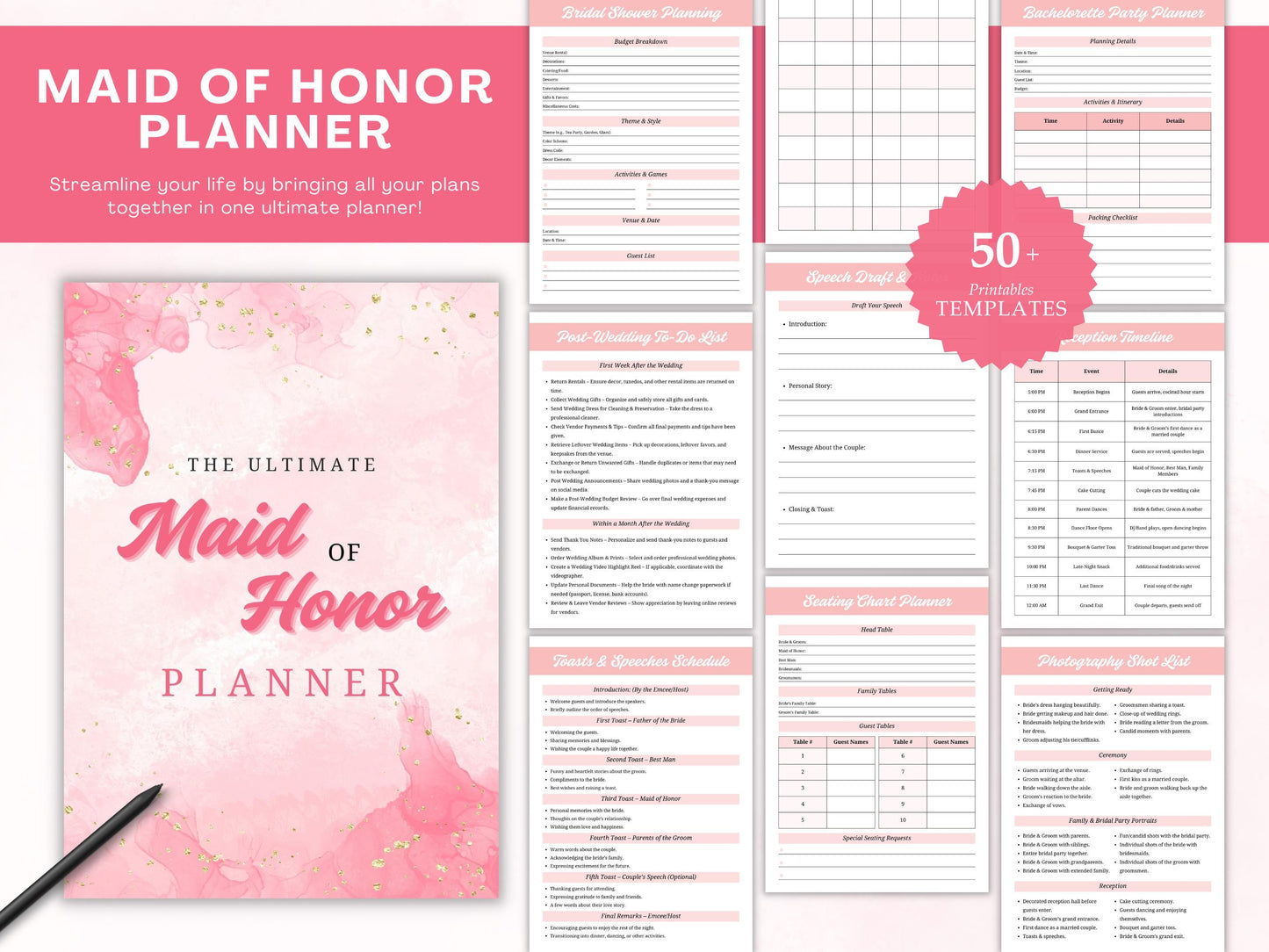 Maid of Honor Printable  Planner, Maid Of Honor Wedding Planner Bundle,  Hen Party Planner, Bachelorette Party Planning, Wedding Binder