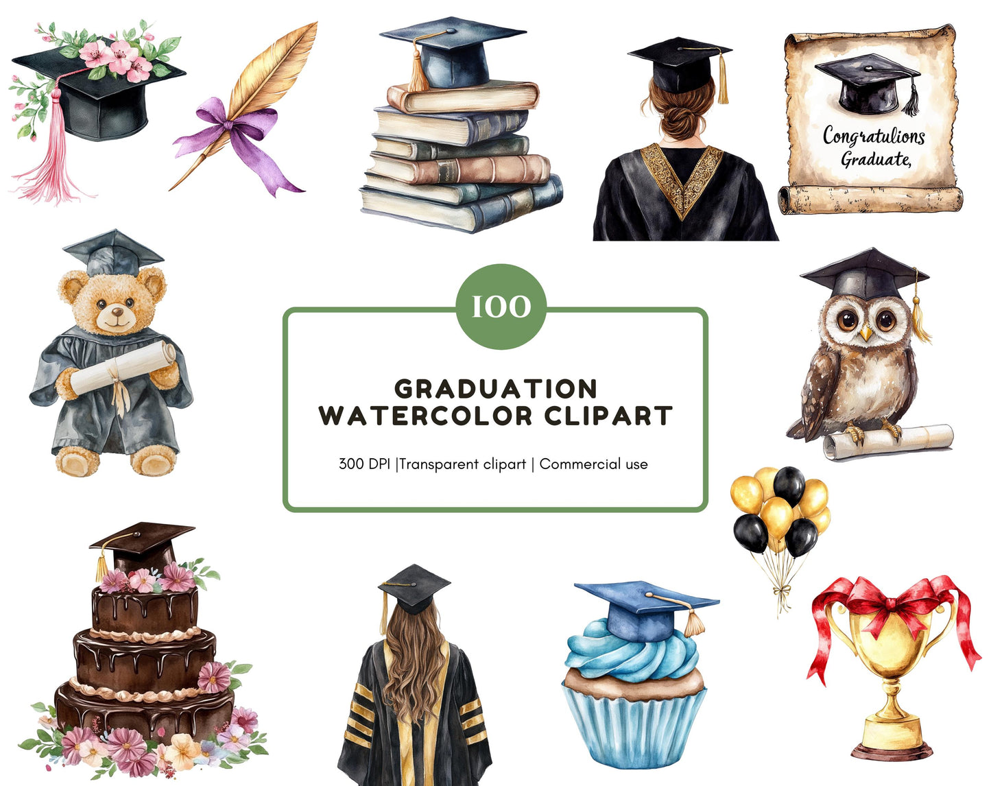Watercolor Graduation Clipart, Graduation Clipart Bundle png, Girl Graduate Clipart, Graduation Party Clipart, Graduation Ceremony Clipart