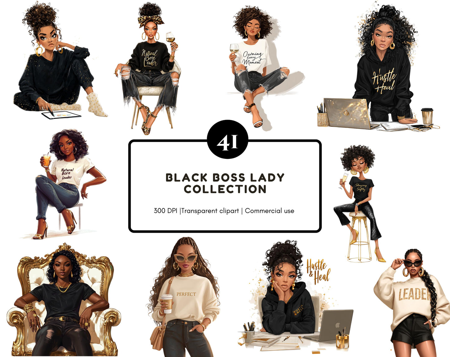 Black Girl Clipart Bundle png, Black Boss Lady Collection Clipart, Watercolor Black Women Clipart, Black Boss Lady Bundle Clipart png