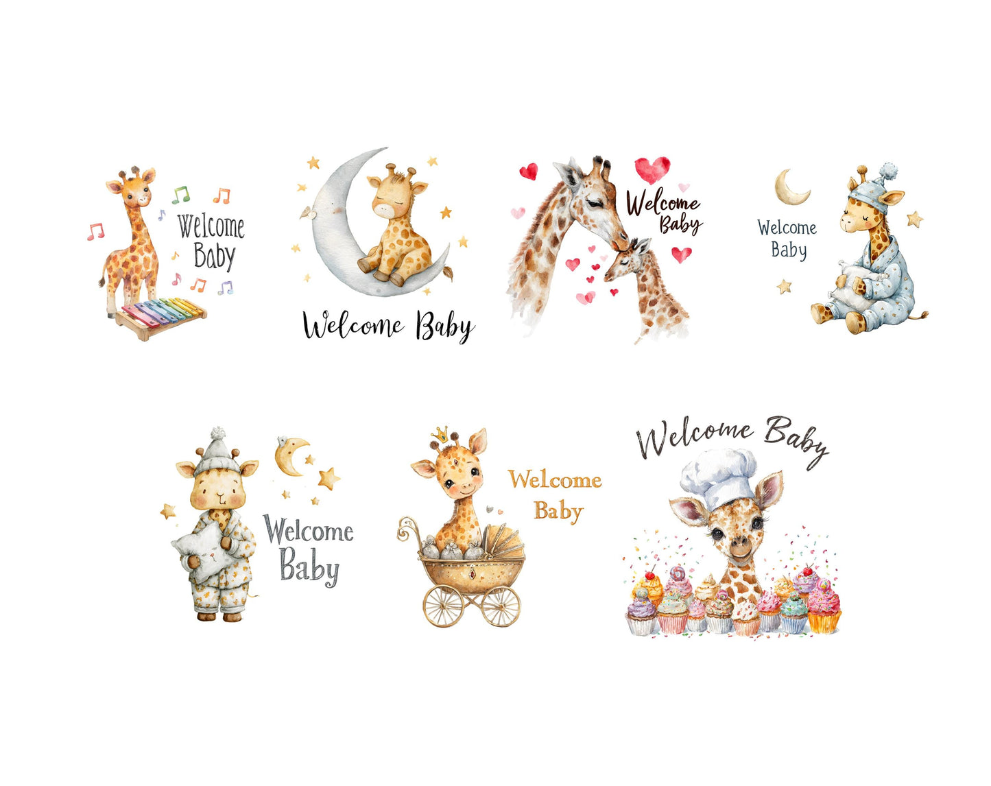 Watercolor Welcome Baby Clipart Bundle png, Cute Giraffe Clipart, Baby Giraffe Clipart png, Baby Shower, Nursery Decor Welcome Baby Clipart