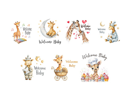 Watercolor Welcome Baby Clipart Bundle png, Cute Giraffe Clipart, Baby Giraffe Clipart png, Baby Shower, Nursery Decor Welcome Baby Clipart